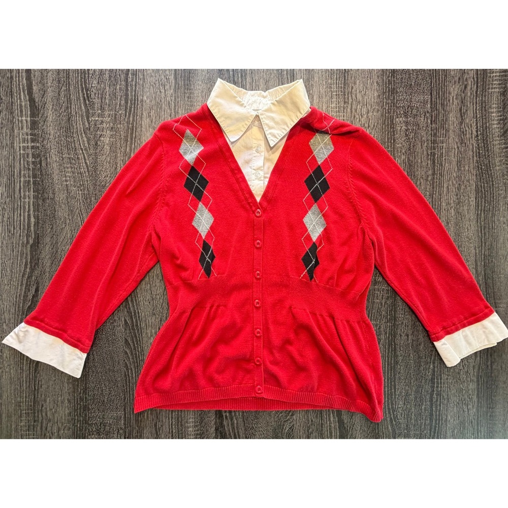 Notations Woman‎ Red Argyle 2-in-1 Layered Cardigan Sweater Plus Size 1X 3558
